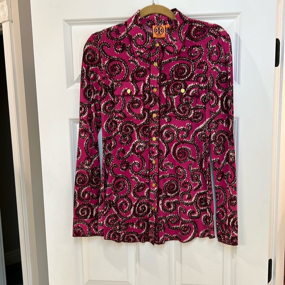 Tory Burch Pink Swirl Print Long Sleeve Blouse